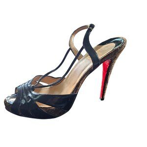Christian Louboutin Black Patent Leather Cork Peep-Toe Stilettos Heels size 38.5